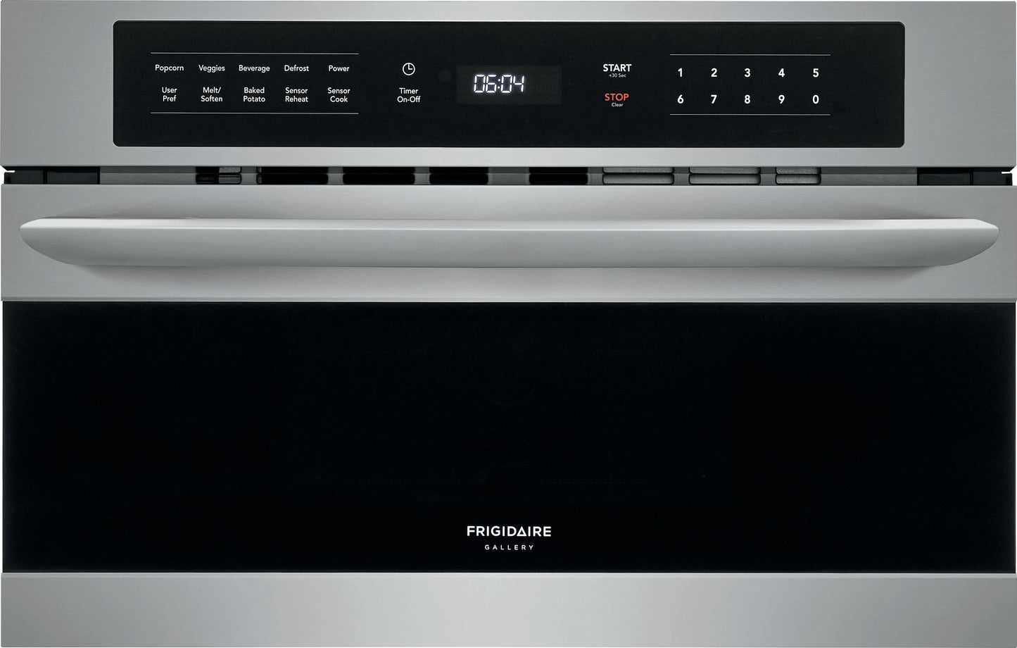 Stainless steel oven with digital control panel on a black background