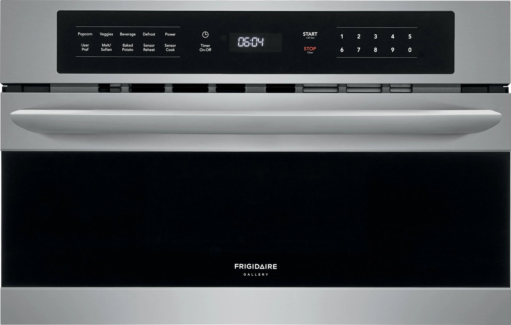 Stainless steel oven with digital control panel on a black background