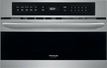 Stainless steel oven with digital control panel on a black background
