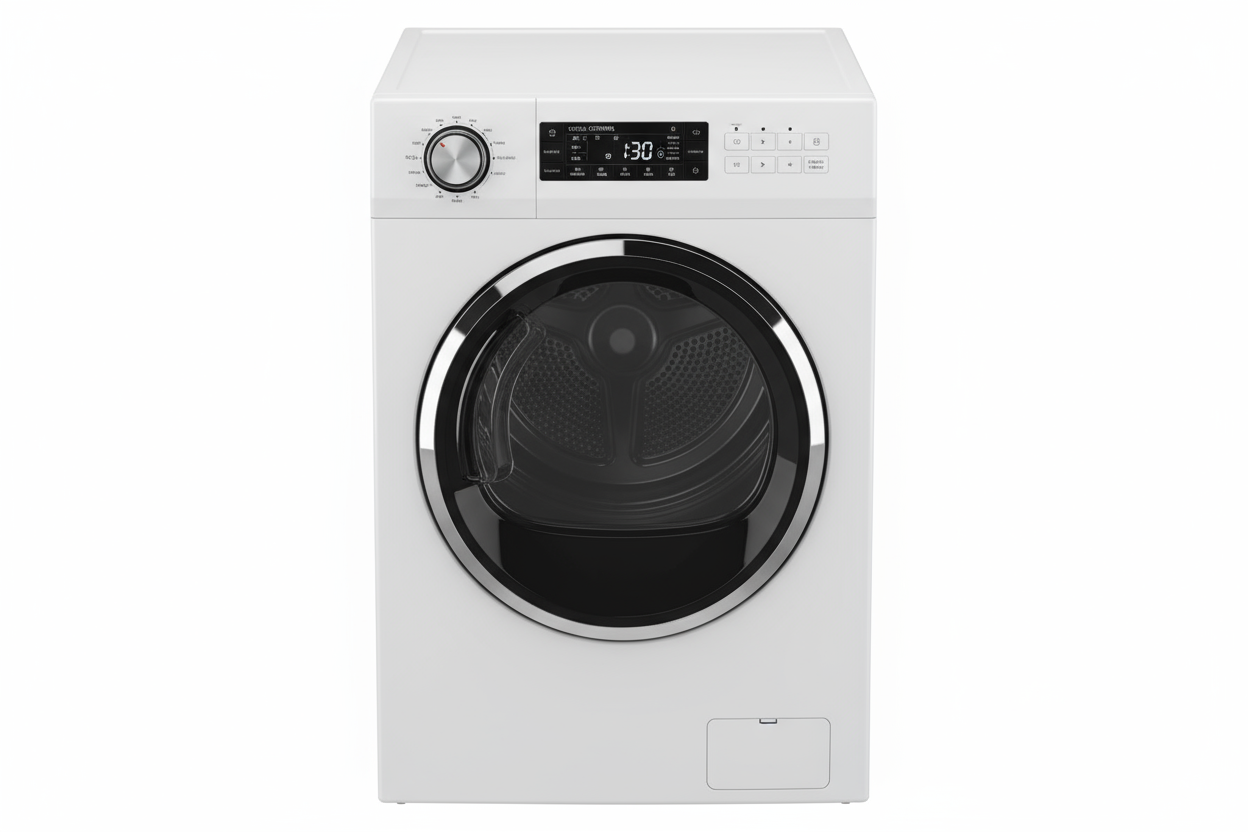 White front load dryer with angle straight on. Make background white and allow me to see some of the top of the appliance. 