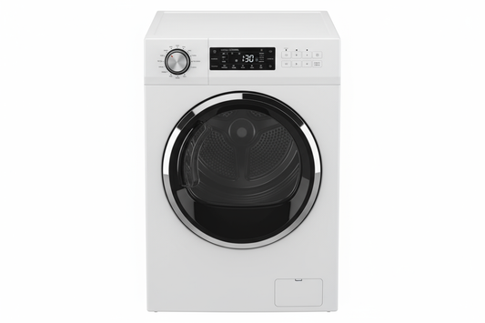 White front load dryer with angle straight on. Make background white and allow me to see some of the top of the appliance. 